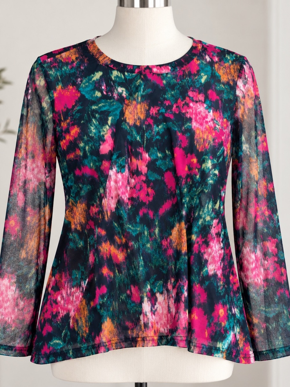 Terra & Sky Pink Teal Orange Abstract Floral Long-Sleeve Blouse